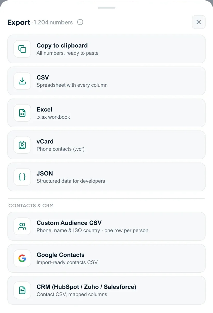 Export a backup to vCard, Excel or CSV