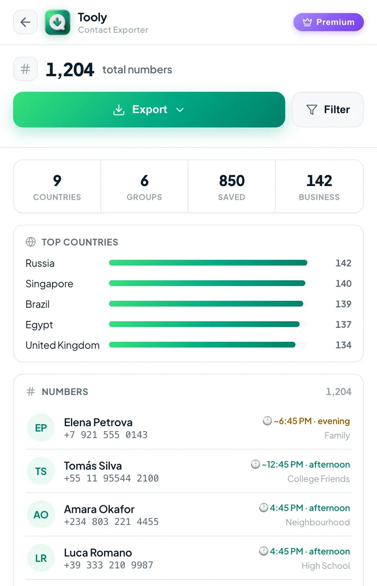 Review your contacts on the Tooly export screen