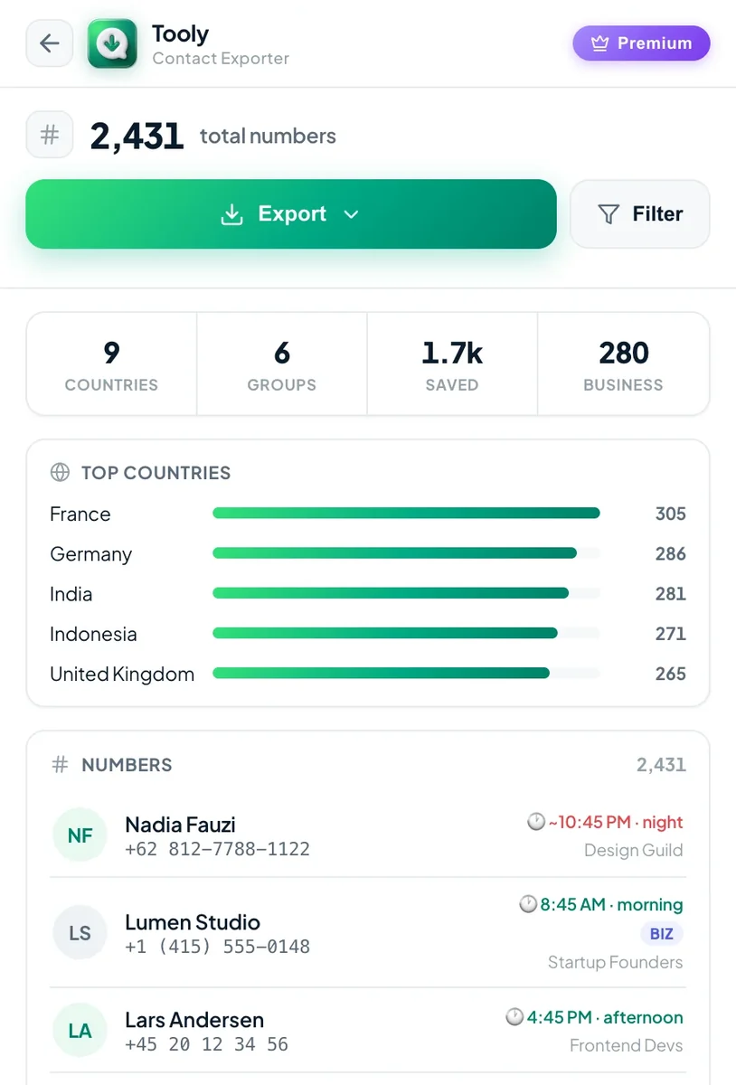 Review your contacts on the Tooly export screen