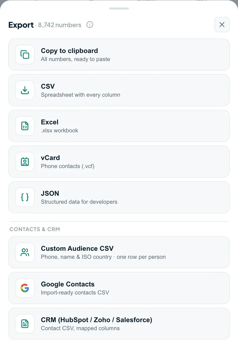 Export your full list to CSV, Excel or vCard