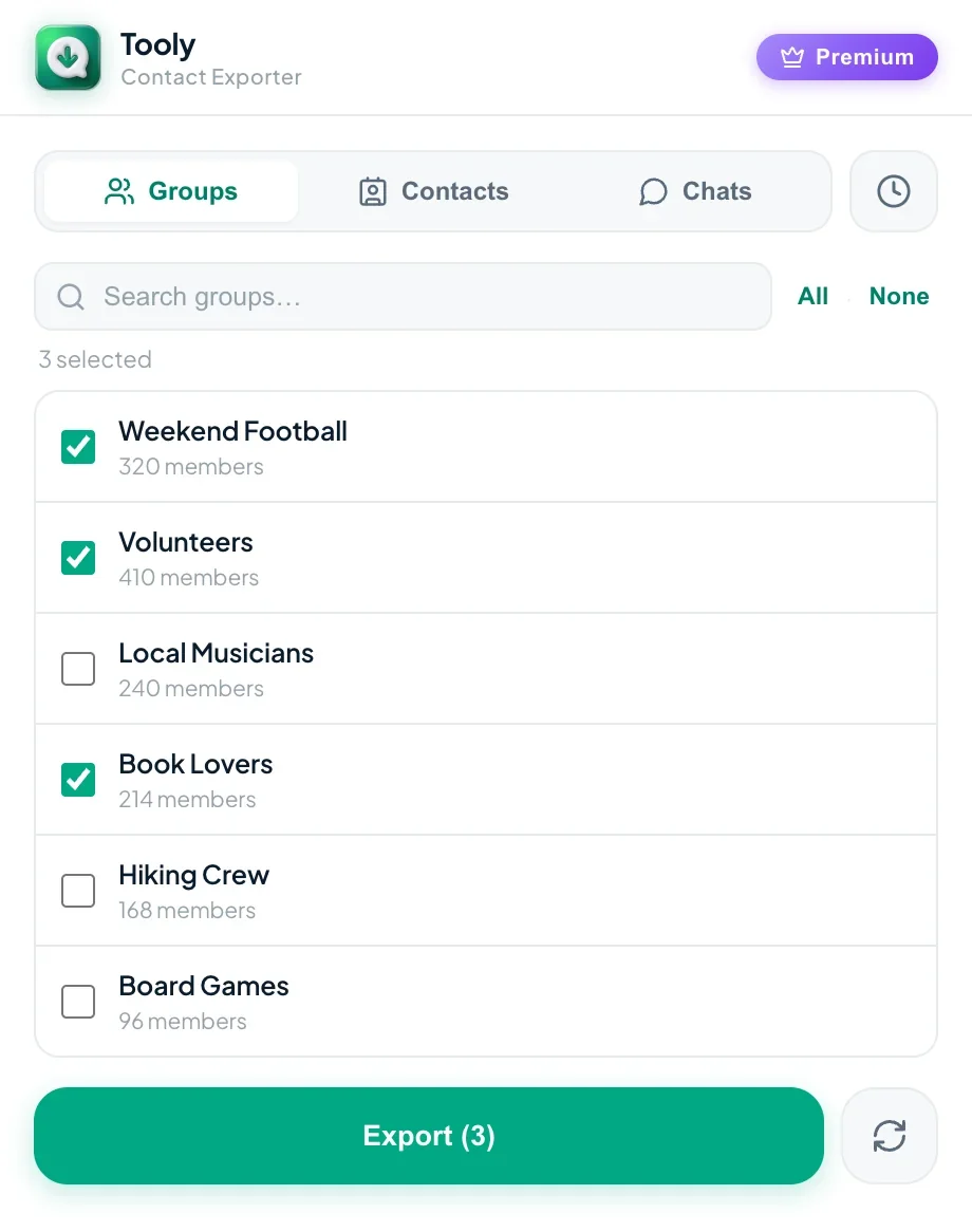 Pick which WhatsApp groups to export in Tooly