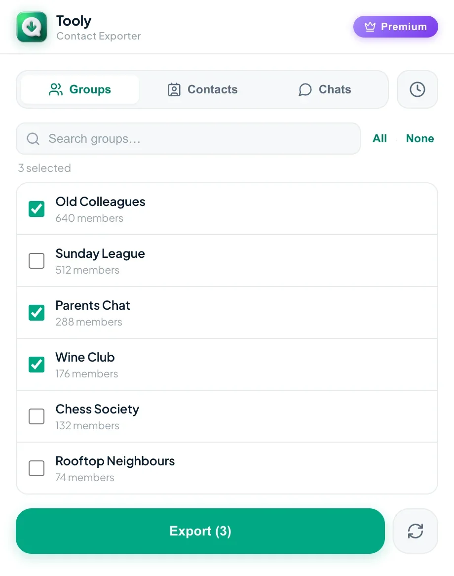 Choosing between Groups, Contacts and Chats in the Tooly side panel
